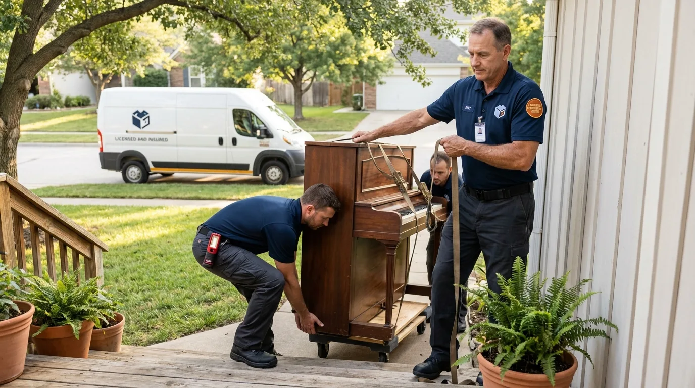 Licensed piano movers securing grand piano in Northfield, VT