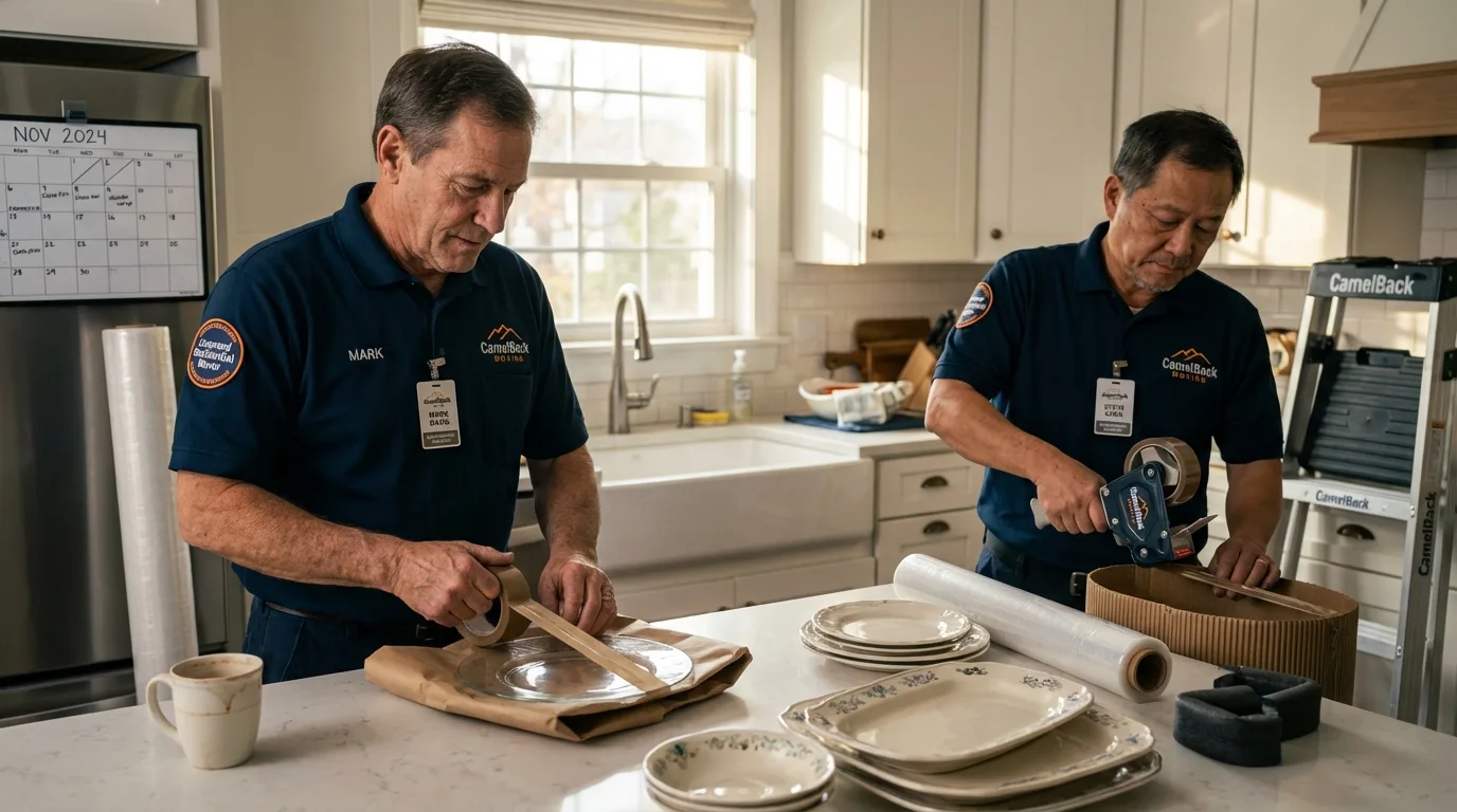 Professional crew packing kitchen dishware in Northfield, VT